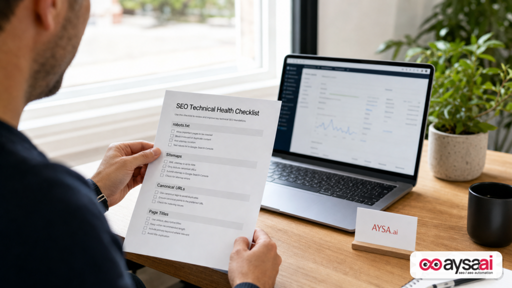 Marketer using a checklist for crawling, indexing, and on-page SEO basics.
