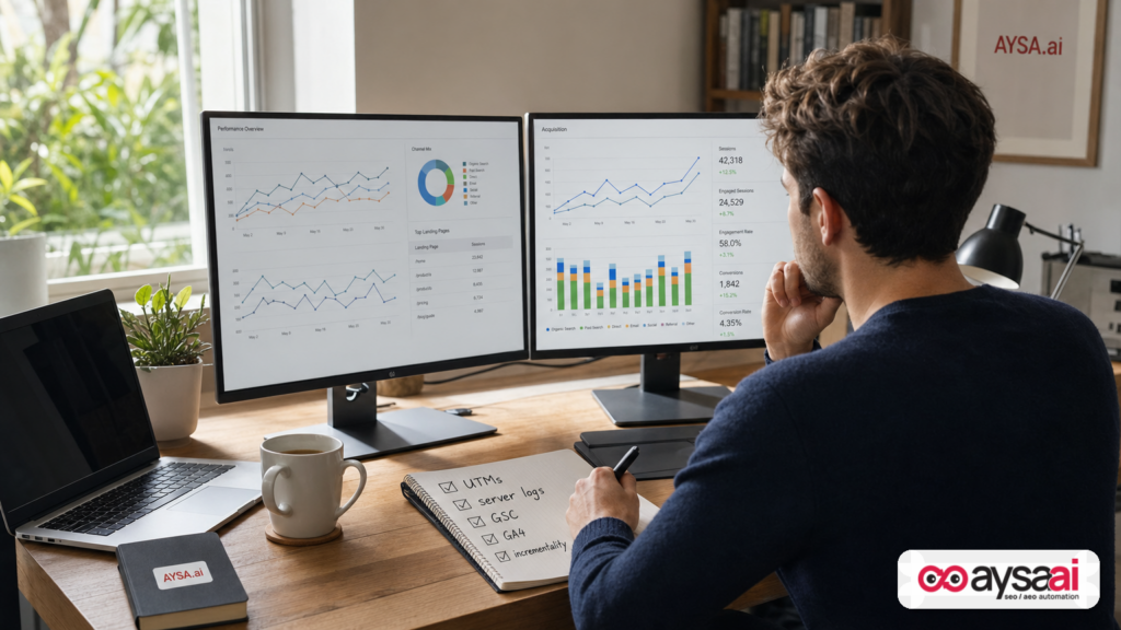 Marketer workspace with generic analytics charts and a checklist for attribution setup.