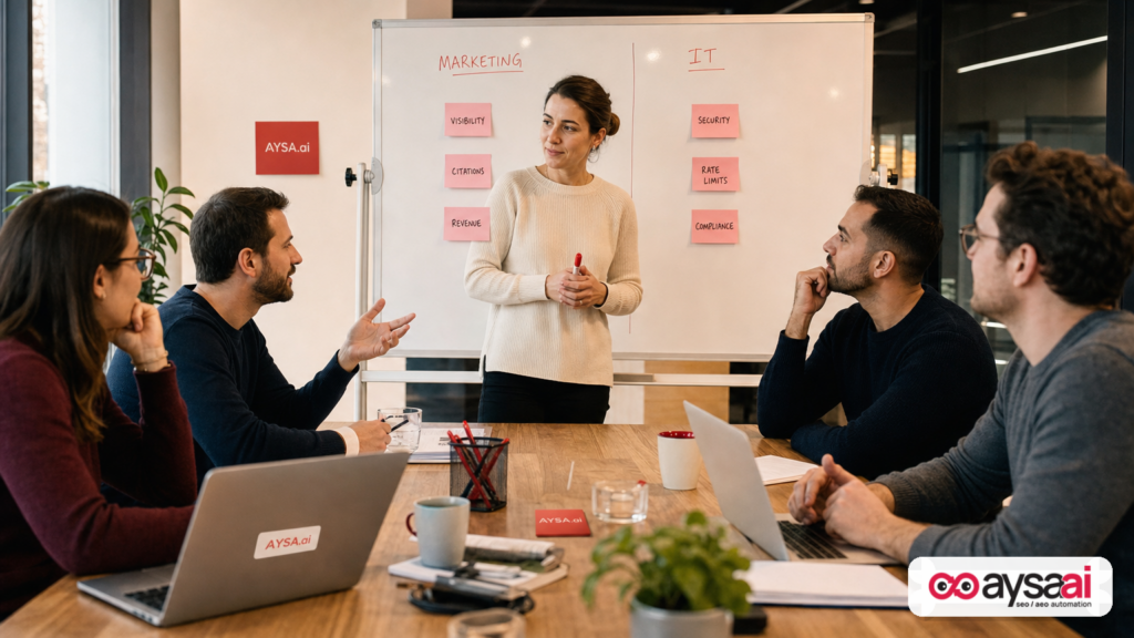 Marketing and IT teams in a meeting with a whiteboard showing competing priorities like visibility and security.