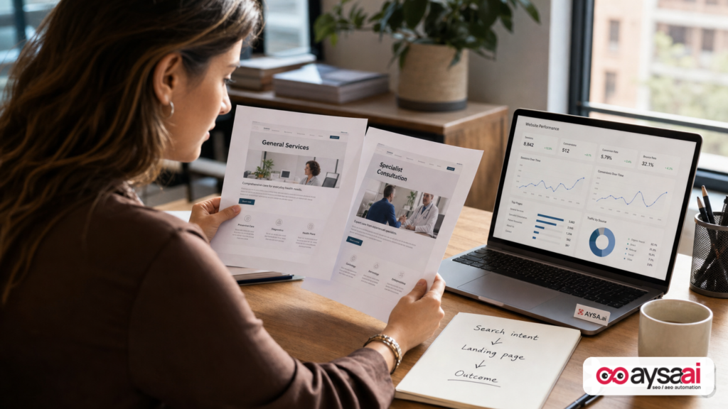Marketing coordinator comparing two landing page printouts to ensure the right page matches the right search intent.