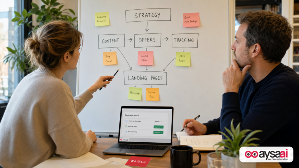 Marketing team planning an integrated paid and organic visibility workflow.