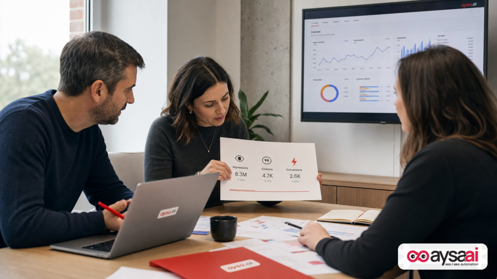Marketing team reviewing reports emphasizing impressions, mentions, and conversions rather than only clicks.