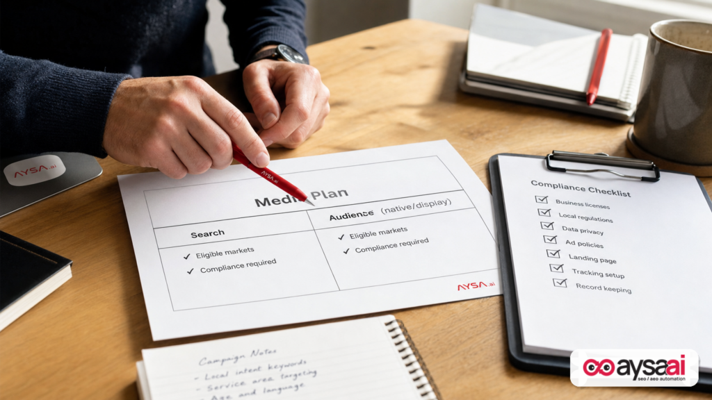 Media plan comparing search ads vs audience native ads with a compliance checklist
