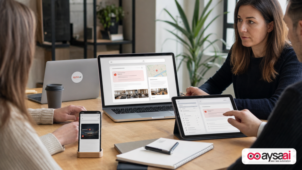 Multiple devices representing different discovery surfaces converging into an AI-mediated visibility system.