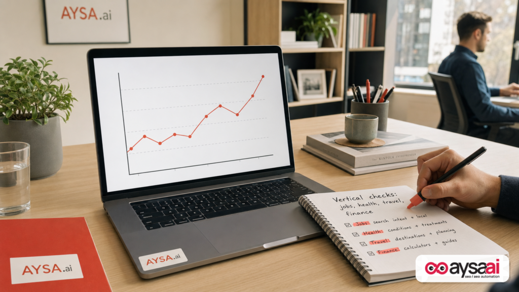 Notebook and laptop used to track SEO performance by industry category after a Google update.