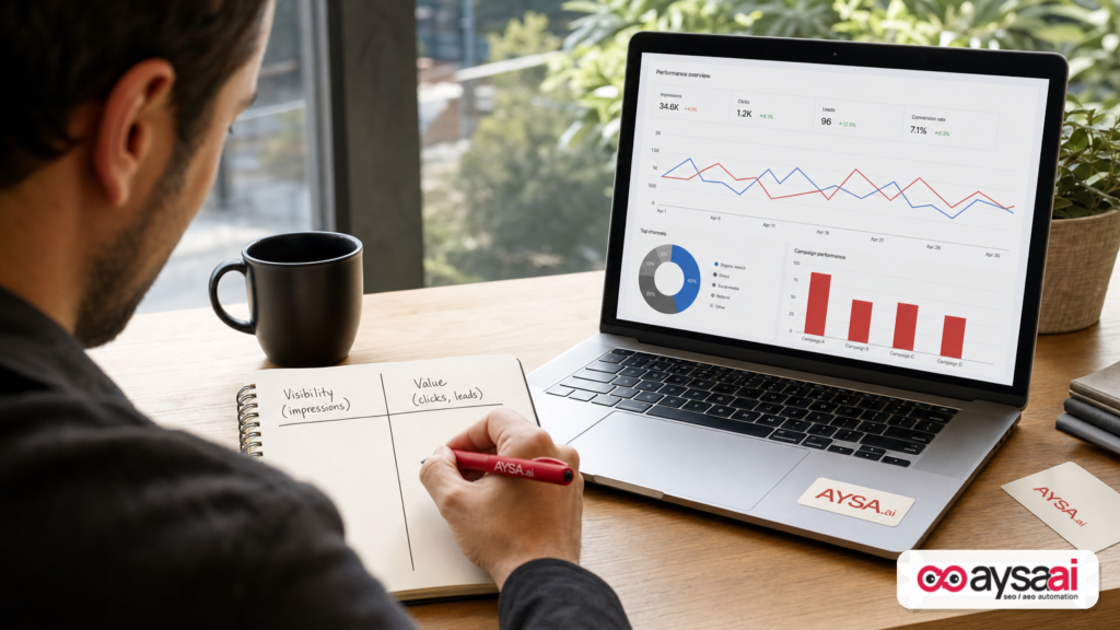 Notebook comparing AI impressions with clicks and leads next to a laptop.