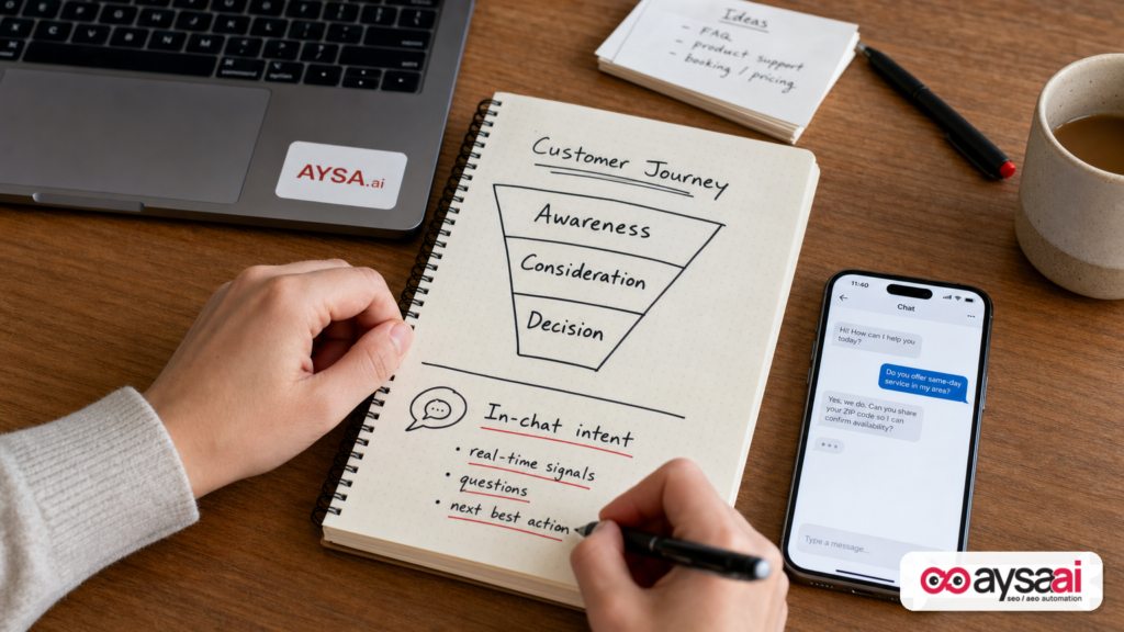 Notebook sketch comparing a traditional funnel to in-chat intent with a phone showing a chat interface.