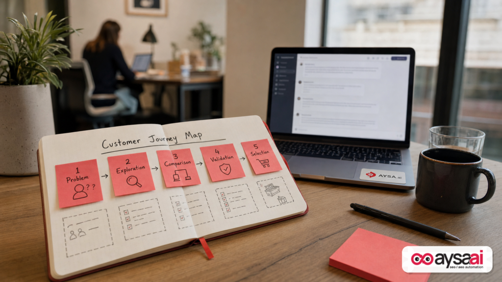 Notebook with a five-step buyer journey mapped for multi-turn AI conversations: problem to selection.