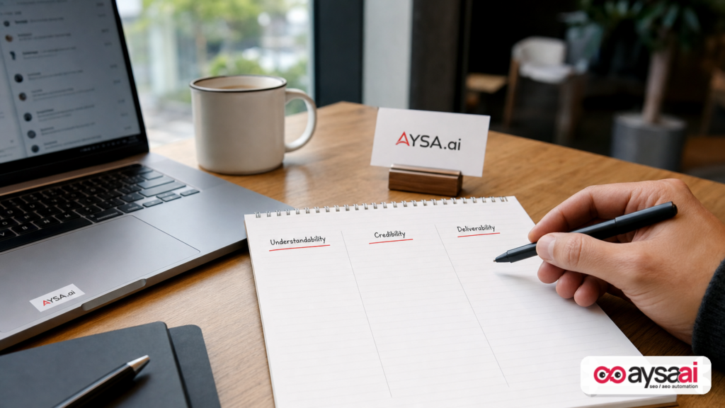 Notebook with three columns for understandability, credibility, and deliverability next to a laptop in a small-business workspace.