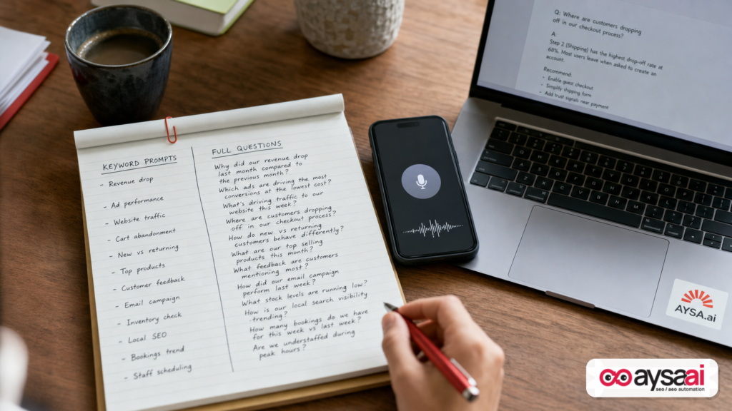 Notepad showing short keywords versus longer natural-language questions with a phone set to voice input.