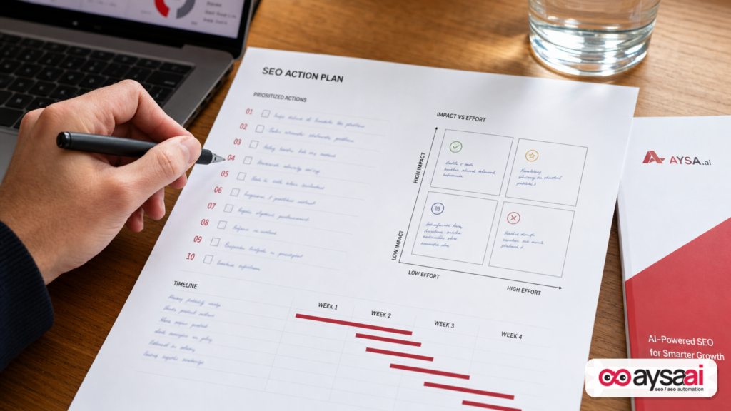 One-page SEO action plan with priorities, owners, and an impact-effort matrix