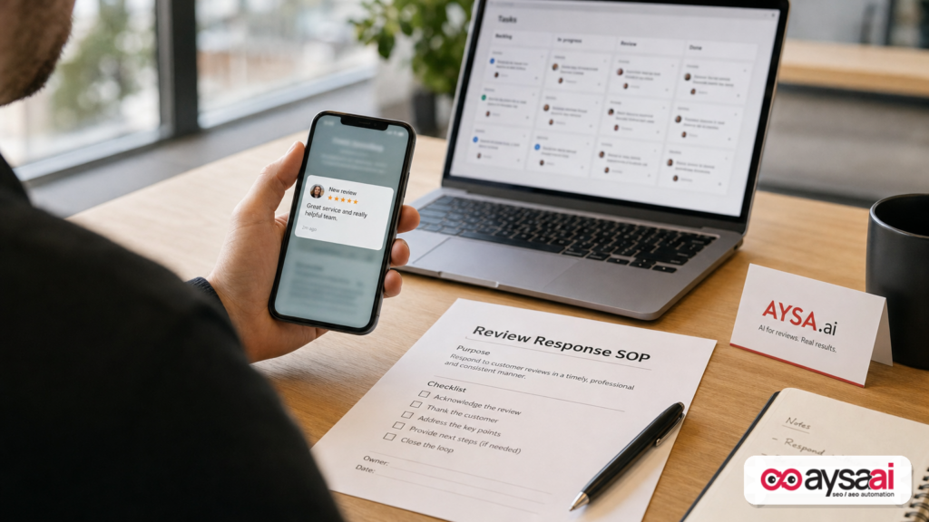 Operations checklist and devices used to manage review responses consistently.