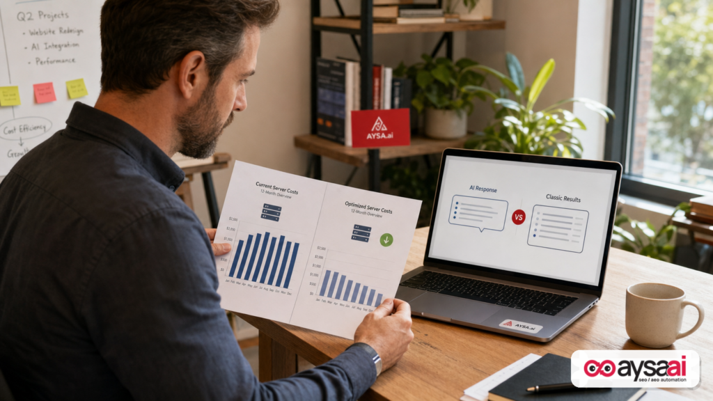 Operations manager comparing simplified cost implications of AI responses versus classic results.