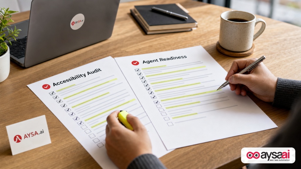 Overlapping accessibility and agent readiness checklists highlighted as one combined audit