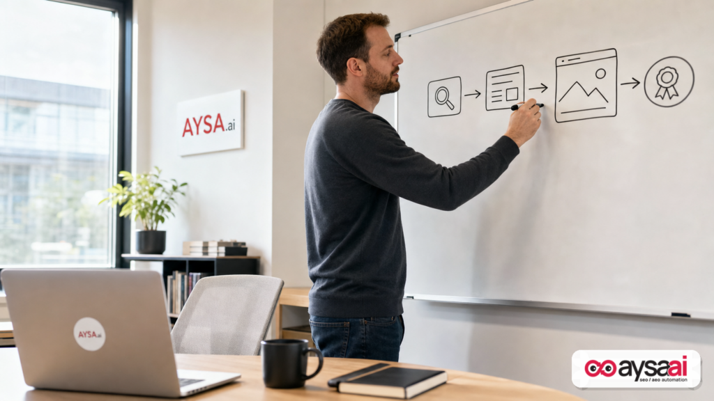 Paid search specialist mapping query-to-ad-to-landing page relevance with a badge icon on a whiteboard