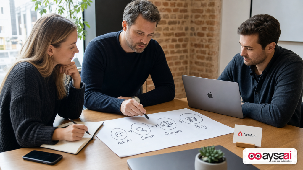 Paper sketch showing an AI-to-search-to-purchase customer journey on a meeting table.