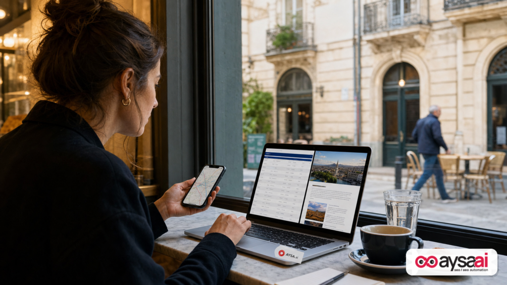 Person planning a trip using local transport information and travel content