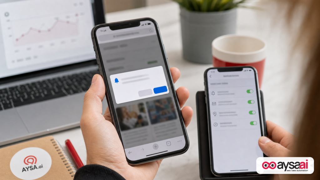 Person reviewing notification permission and settings to control web push messages