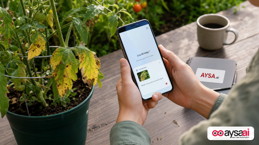 Person using a phone camera to get live AI help for yellowing tomato leaves.