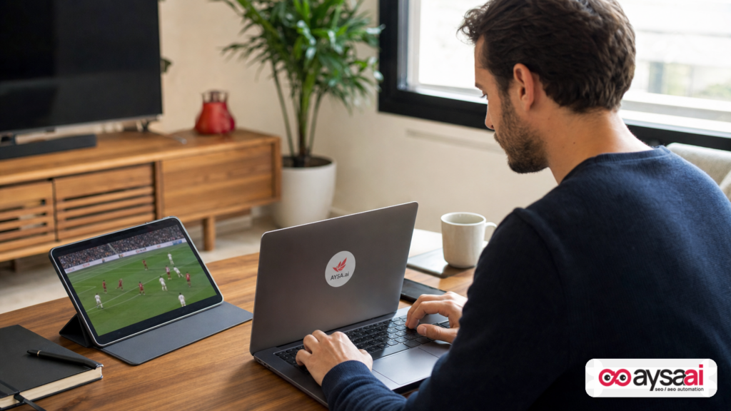 Person using a tablet and laptop to explore a sports moment with follow-up questions.