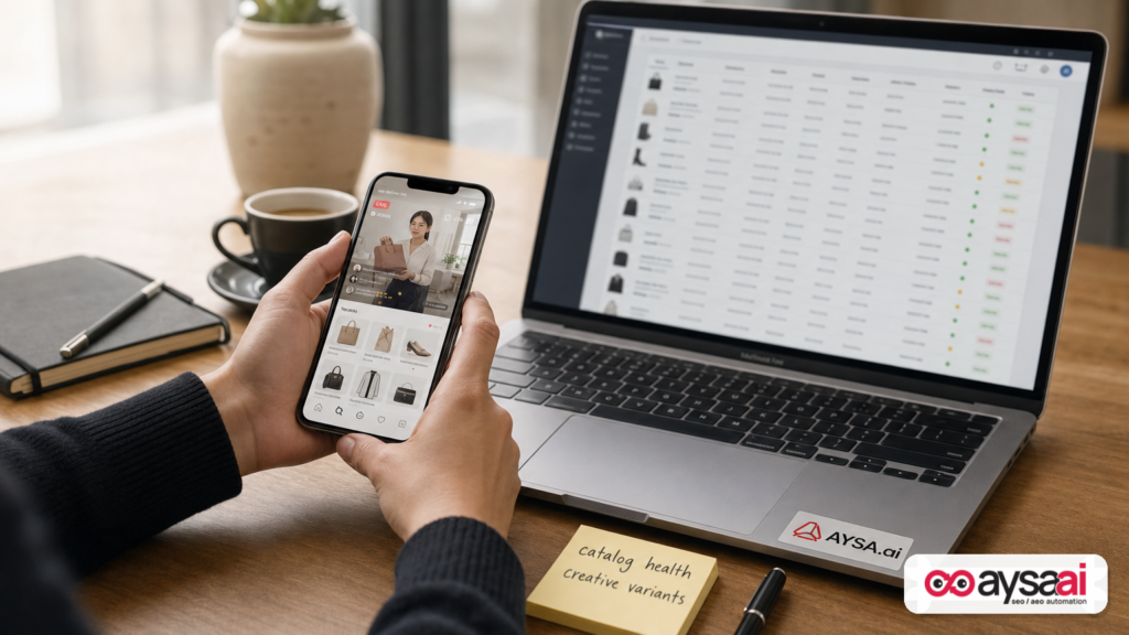 Phone and laptop used to plan live shopping ads with product feed data and creative variants.