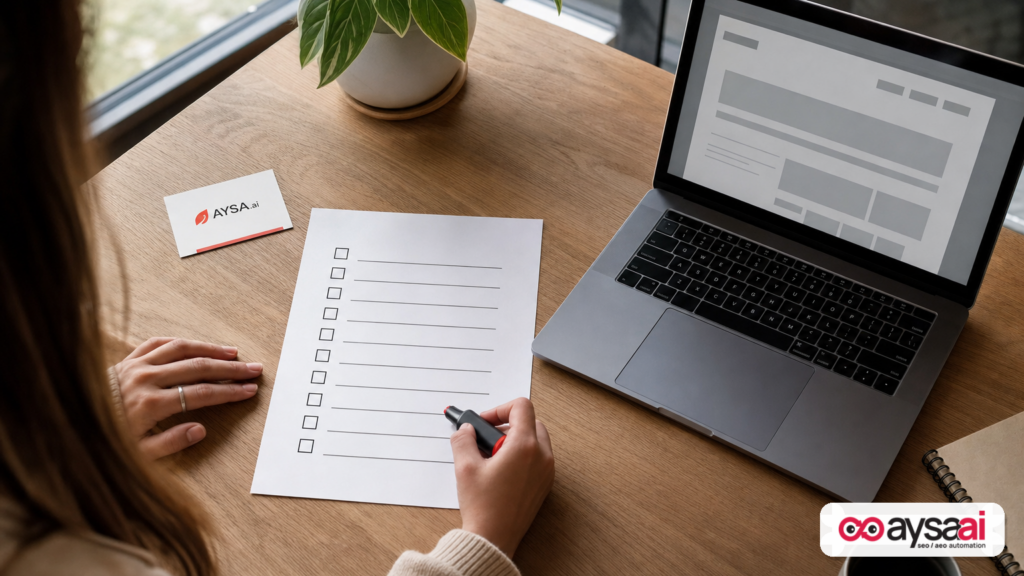 Printed AI search brand signals checklist next to a laptop and highlighter on a desk.