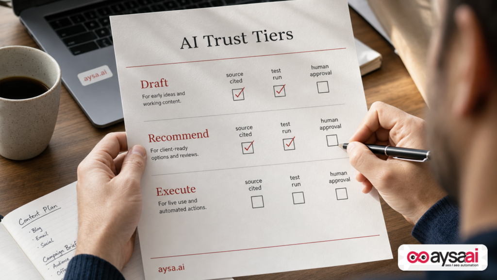 Printed AI trust tier checklist with checkboxes for source citation, testing, and human approval.