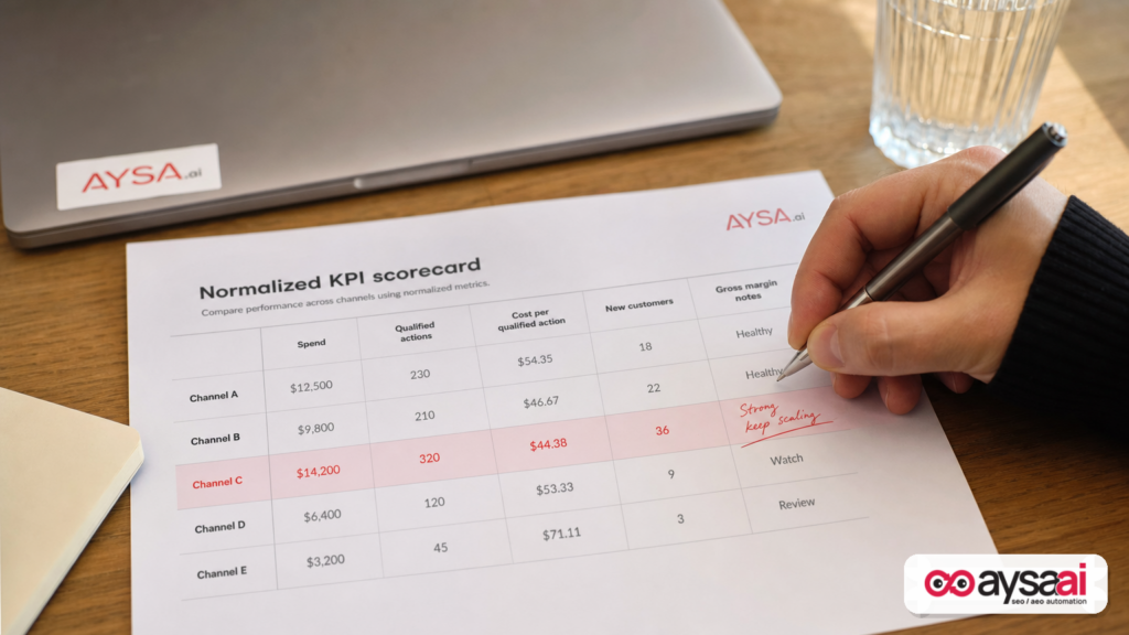 Printed KPI scorecard used to compare channels with normalized metrics.