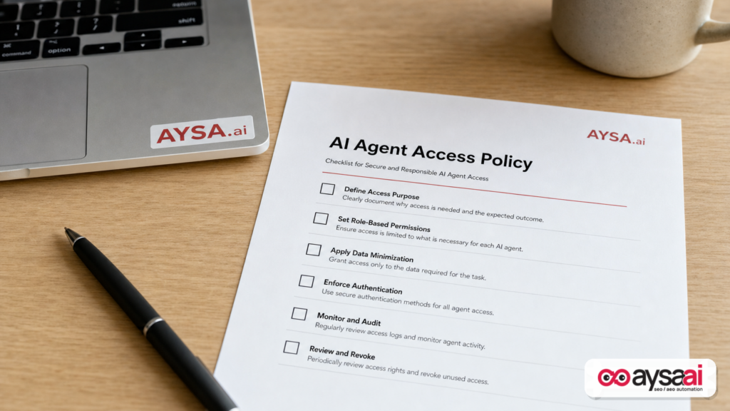 Printed checklist labeled AI Agent Access Policy next to a laptop and pen.