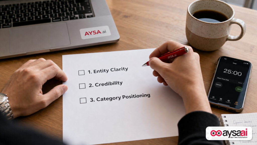 Printed checklist showing three steps: Entity Clarity, Credibility, and Category Positioning.