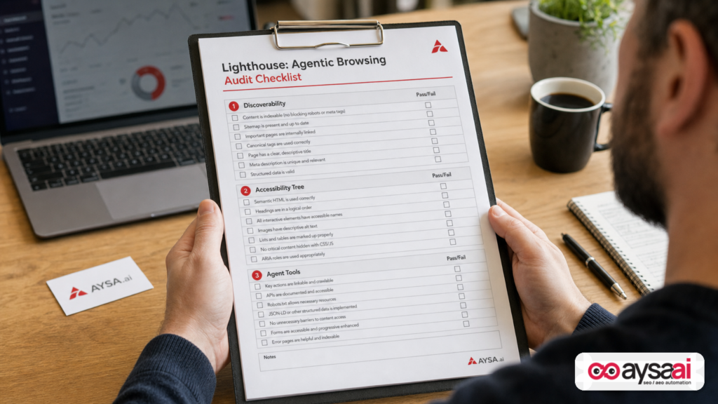 Printed checklist summarizing Lighthouse Agentic Browsing checks for discoverability, accessibility tree, and agent tools.
