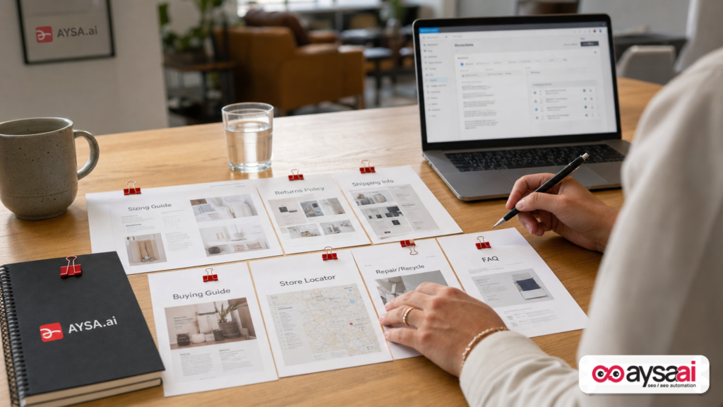 Printed ecommerce content inventory highlighting sizing, returns, shipping, guides, and FAQs.