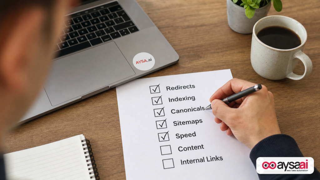 Printed migration checklist with items for redirects, indexing, canonicals, sitemaps, speed, content, and internal links.
