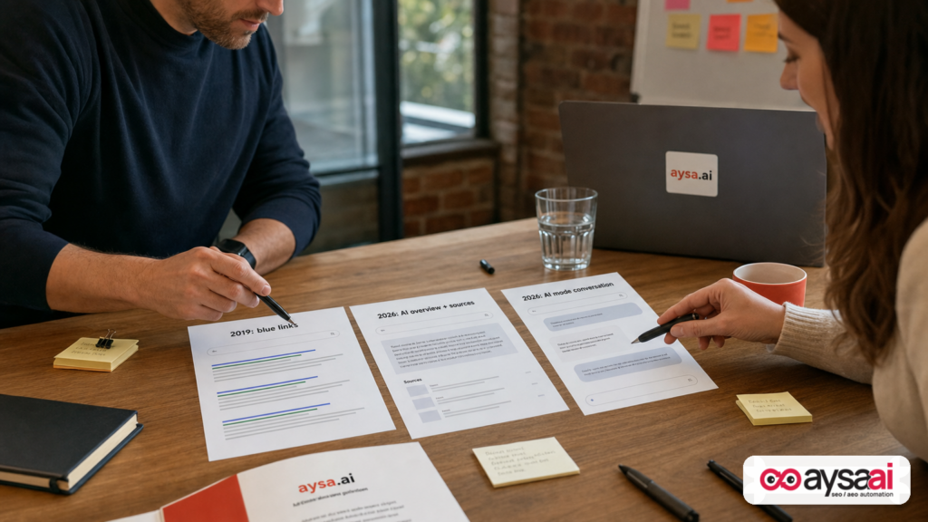 Printed mockups showing the evolution from classic search results to AI overviews and AI mode conversations.