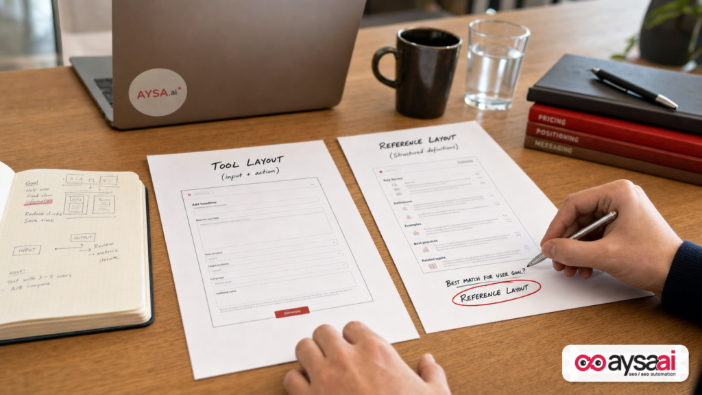 Printed page mockups comparing a tool-style page and a reference-style page to illustrate destination fit.