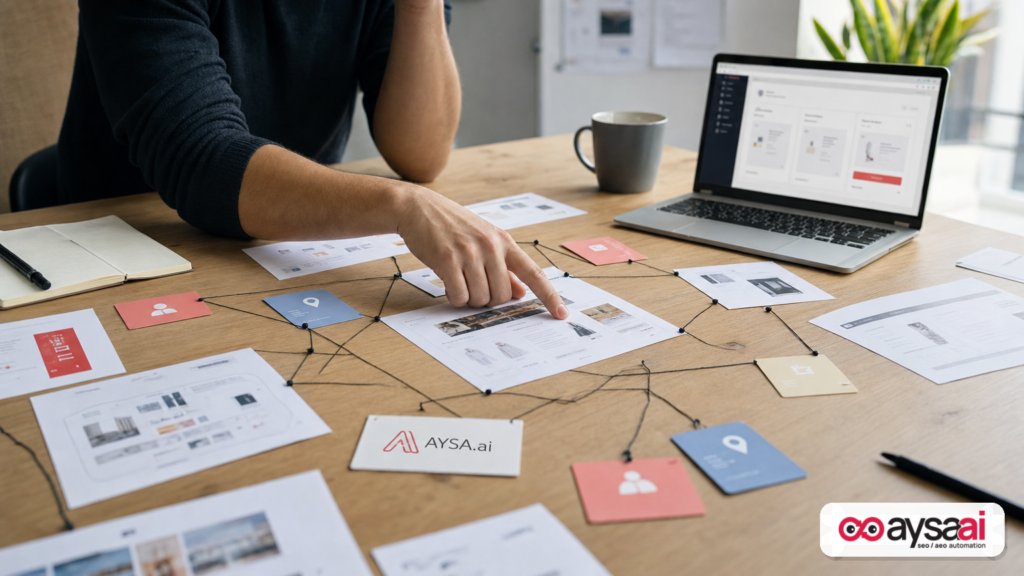 Printed pages grouped into clusters on a desk to illustrate identifying coordinated spam networks instead of single pages.