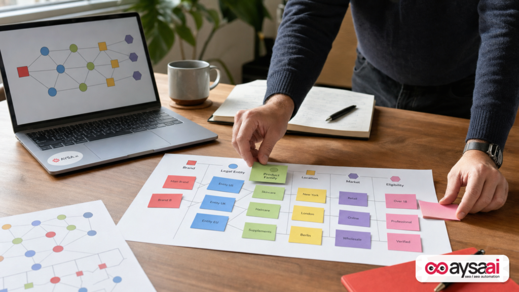 Printed relationship map showing brands, legal entities, products, locations, and market context.