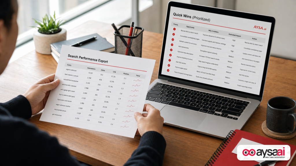 Printed search performance export next to a laptop showing a prioritized list of SEO quick wins.