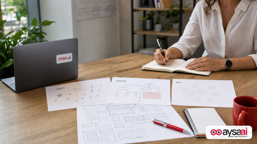 Printed sheets representing robots, sitemap, and llms structured files next to a website planning sketch.