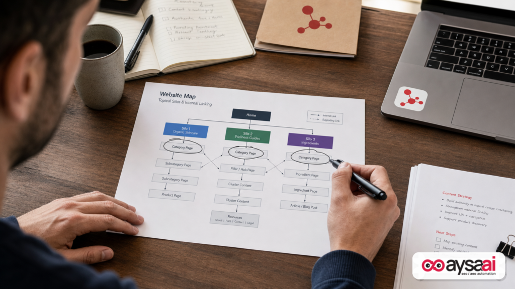 Printed website architecture map showing topical silos and internal links on a desk.