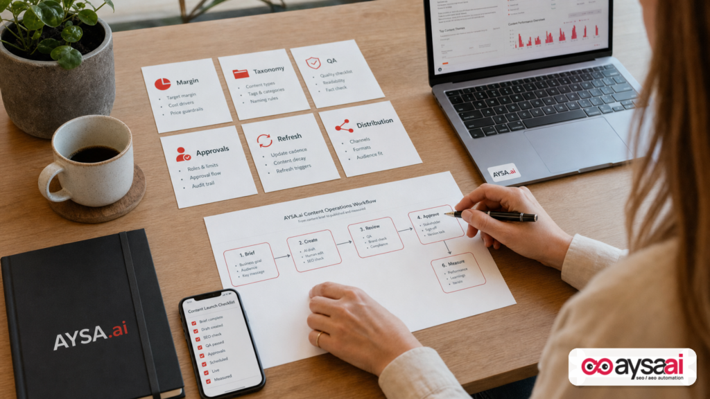 Printed workflow and KPI cards arranged as a triangle representing a scalable content operating model.