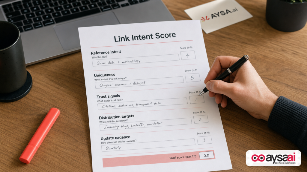 Printed worksheet used to score content topics for their likelihood to earn citations and links.
