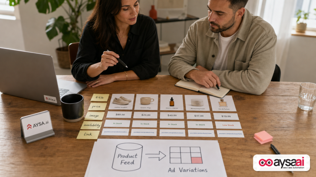 Product cards and a simple diagram showing how catalog fields map into ad variations.