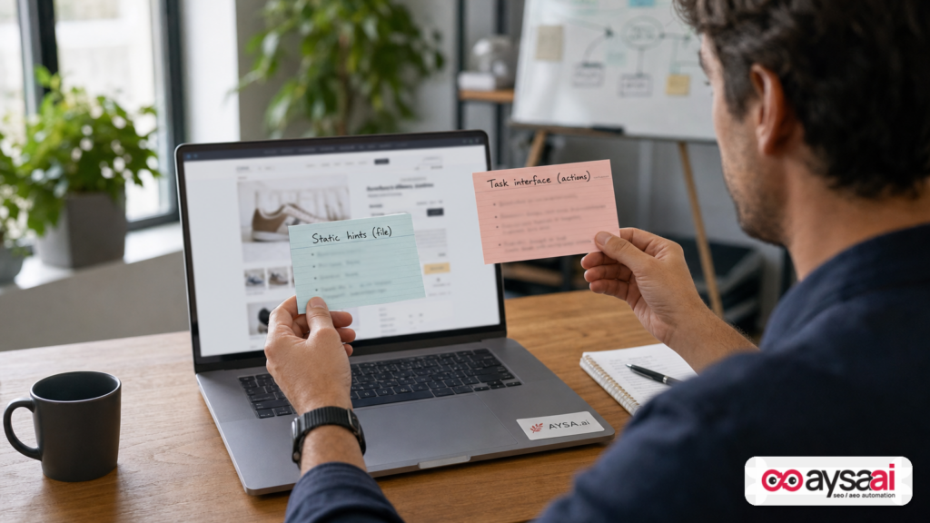 Product manager comparing static site hints with task-based interfaces for AI agents.