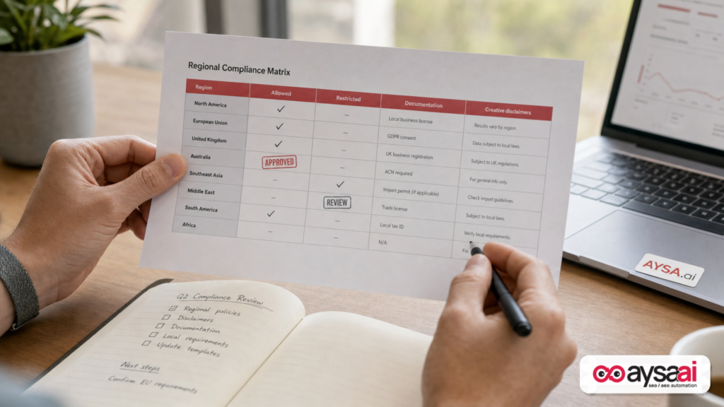 Regional compliance matrix with approved and review statuses