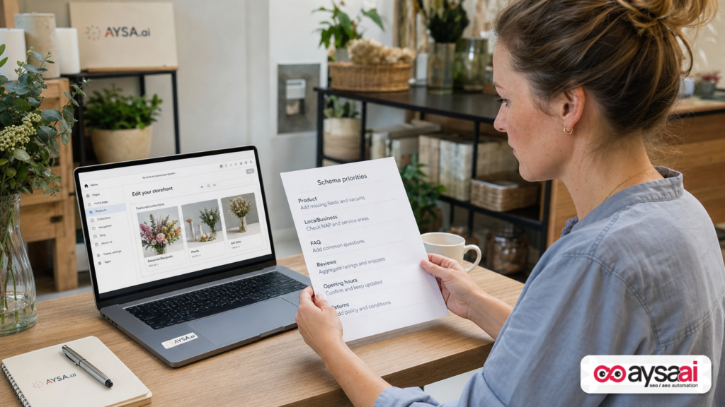 Retail manager reviewing a printed worksheet of schema priorities next to a laptop editing a storefront page.