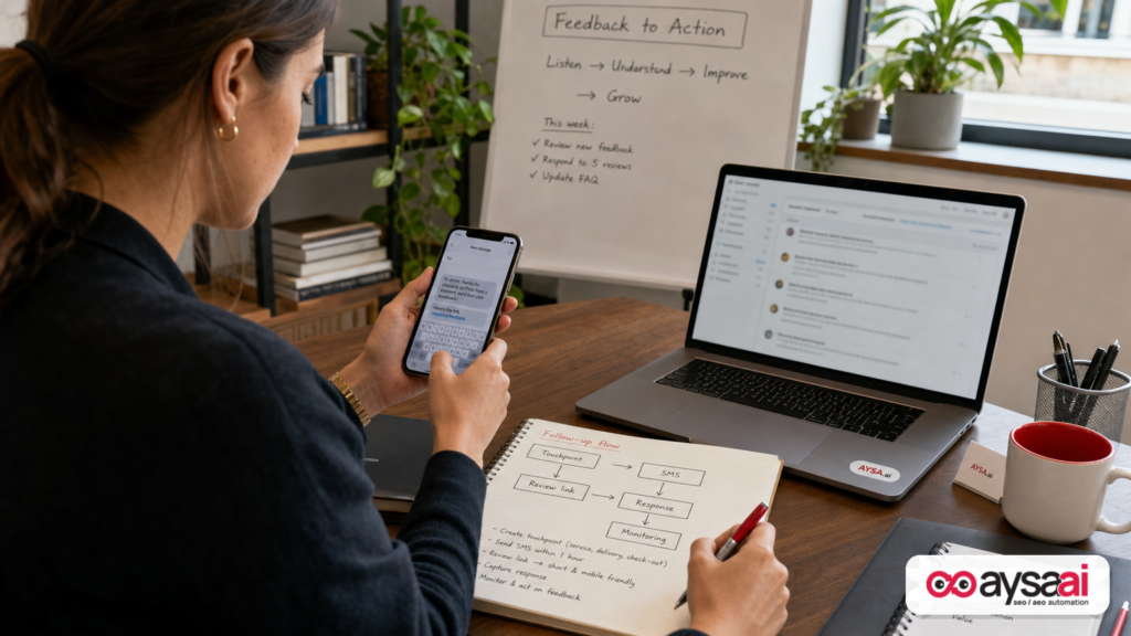 Review generation workflow with touchpoints, SMS requests, and follow-up steps.