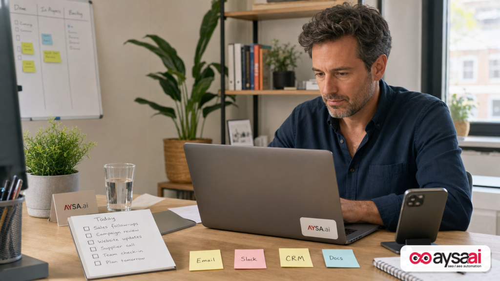 SME owner juggling email, chat, CRM notes, and documents—illustrating context switching before an action-layer system.
