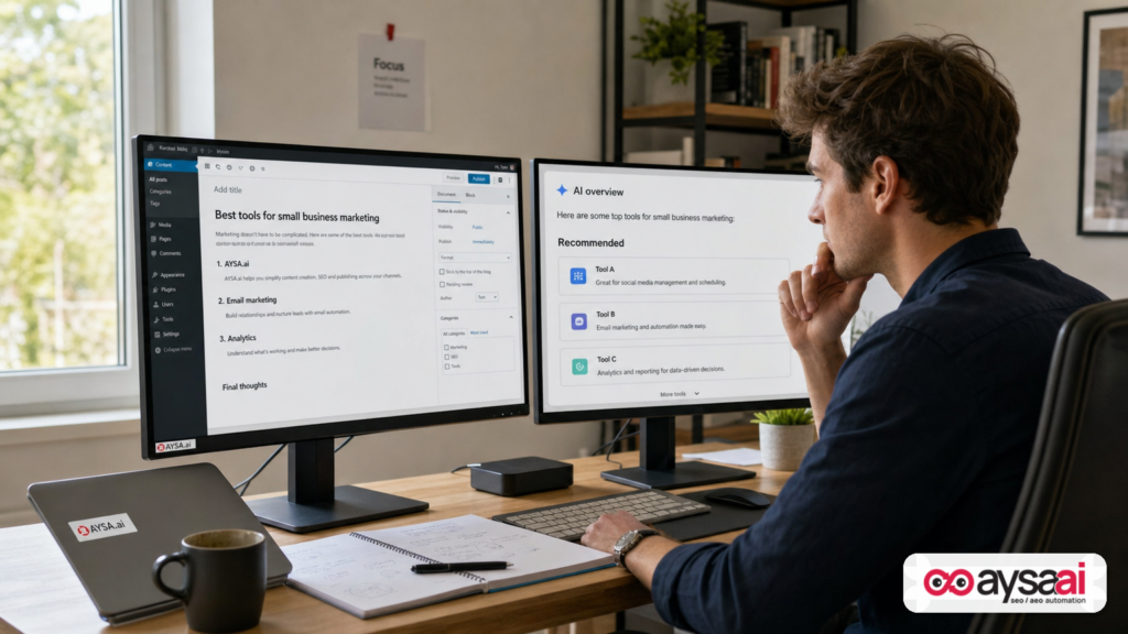 SaaS founder comparing a best-tools article draft with an AI answer that recommends competitors.