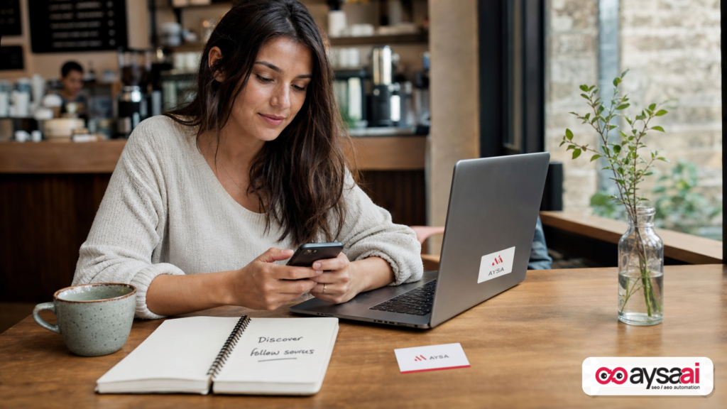 Small business owner browsing a generic discovery feed on a phone in a café.
